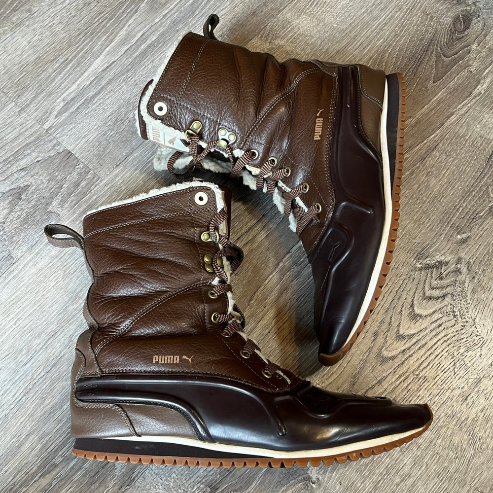 Puma Duck Runner Brown Leather Faux Fur Lined Winter Boots Womens 9.5 351475-01